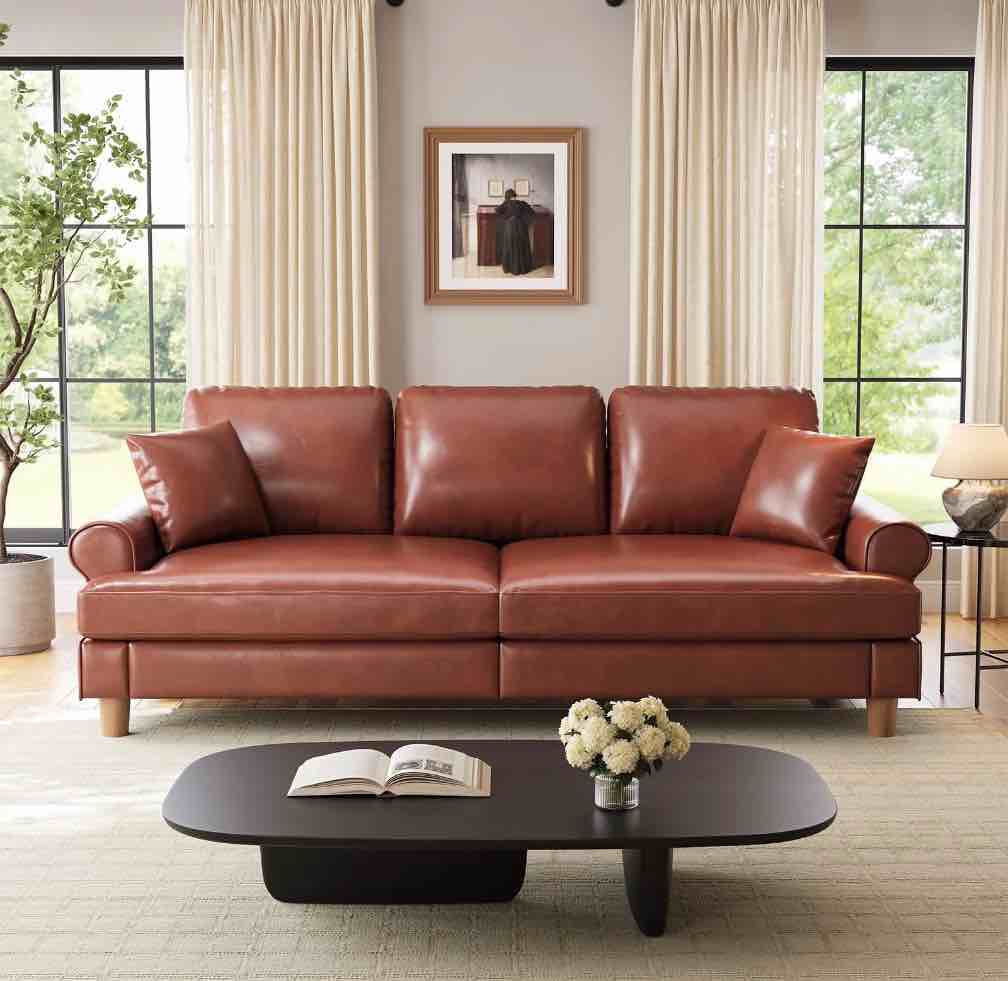 87" couch premium pu leather sofa, comfy extra deep seat 3 seater couch for living room, with 2 pillows, brown