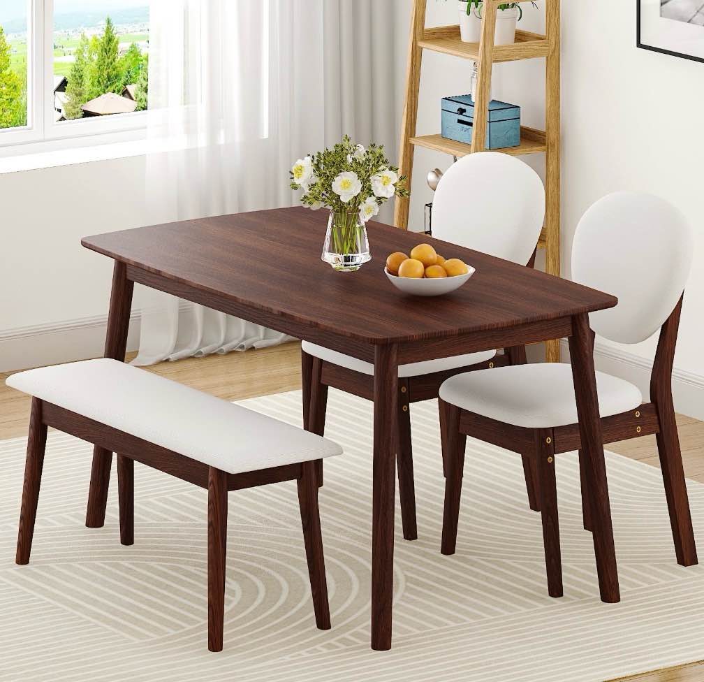 ktaxon solid wood dining table set for 4, mid-century dining room table with 2 padded chairs & bench, 47.3" dining room set for 4 family use, walnut brown