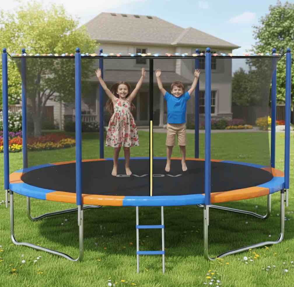 gvdv outdoor trampoline, 12' backyard recreational trampoline with enclosure for kids & adults