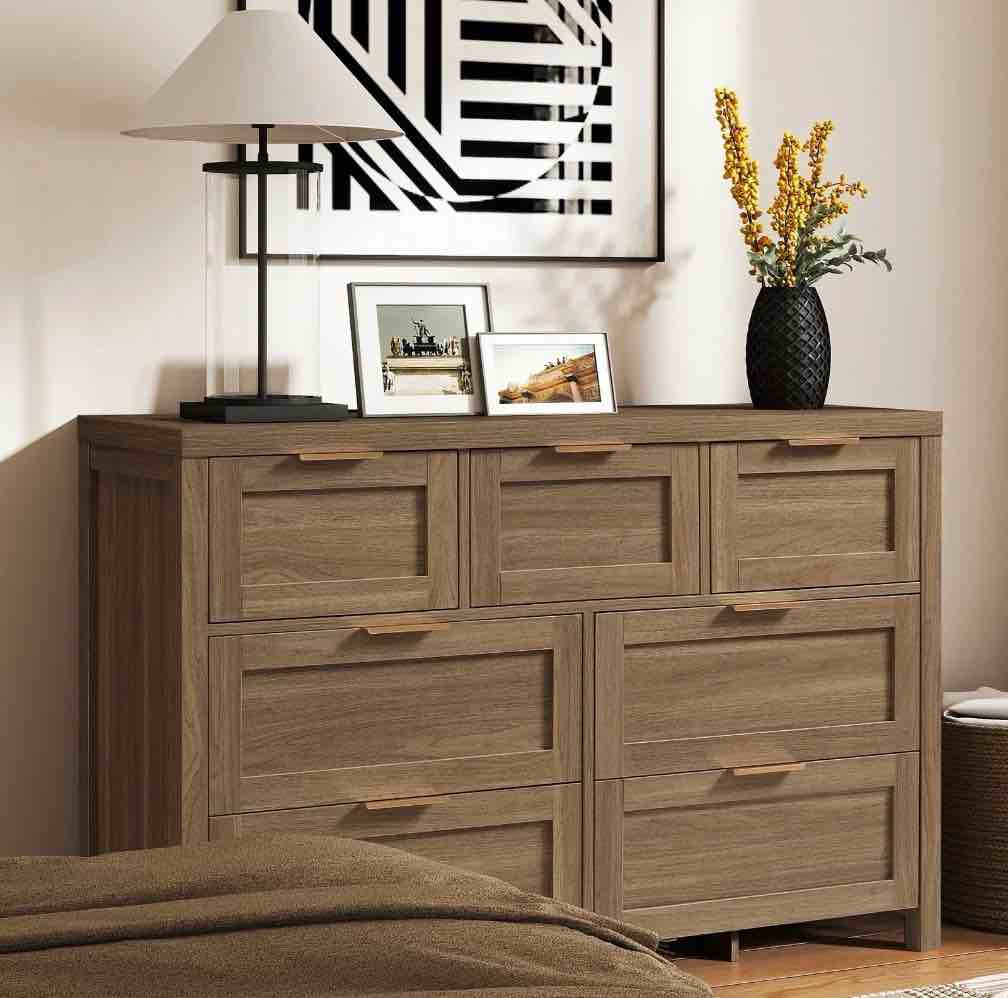 Condition photo showing New/Like New for arkantos wooden 7 drawer dressers, 47 inch wide chests of drawers for bedroom, deep walnut
