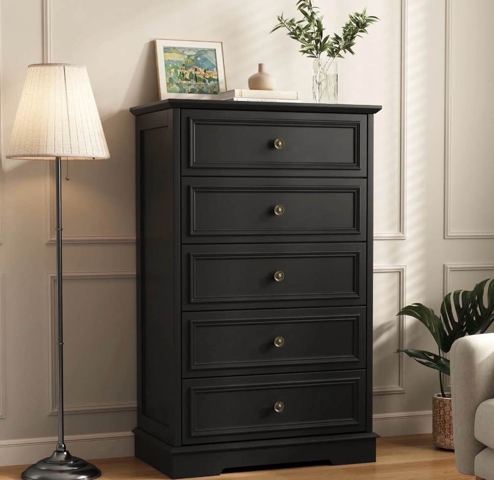 5 drawer dresser for bedroom, retro wood storage cabinet with antique bronze round handles, vintage chest of drawers with solid base for living room, hallway, entryway, guest room, black