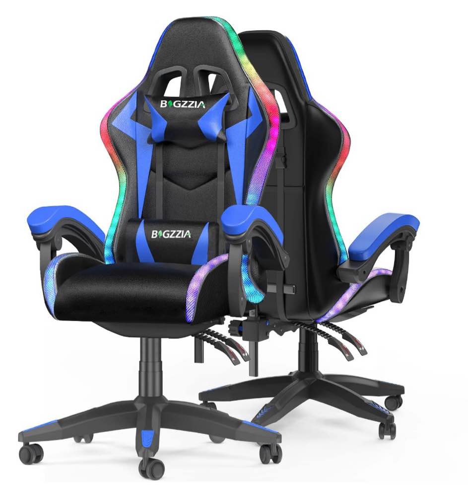 bigzzia gaming chair with led lights, computer chair with lumbar support, ergonomic high back video game chair with swivel seat and headrest, blue