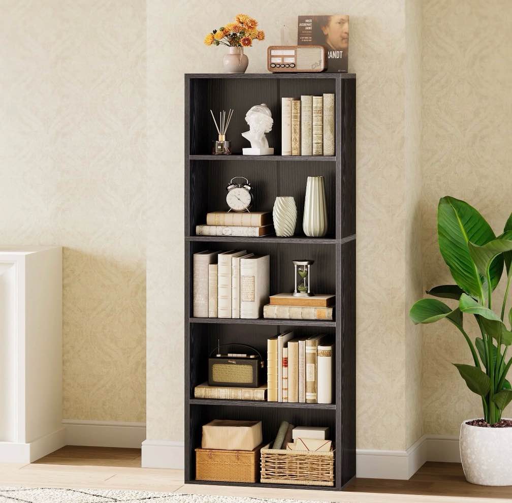 casacomoda tall bookcase, bookshelf, 5-tier display storage shelf, space-saving bookshelf for living room, bedroom, home office, black
