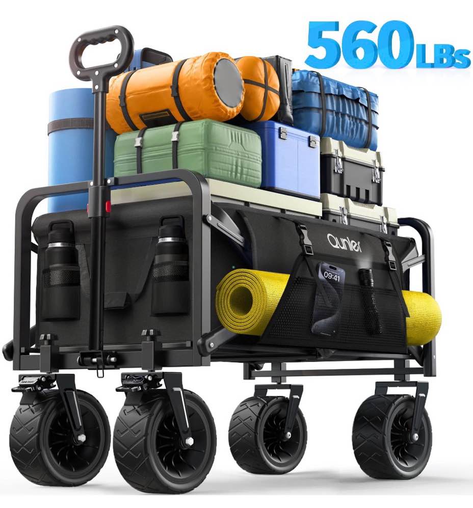 qunler collapsible wagon cart, 560lbs heavy duty large utility garden cart with brake wheels and side pocket for camping, shopping, kids, sports, grocery, black