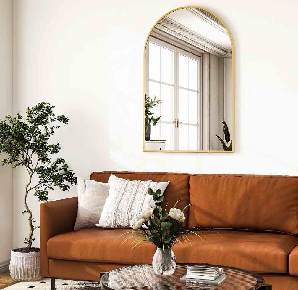 beautypeak 30"x 40" bathroom mirror wall vanity arched mirror, gold 30"w x 40"h