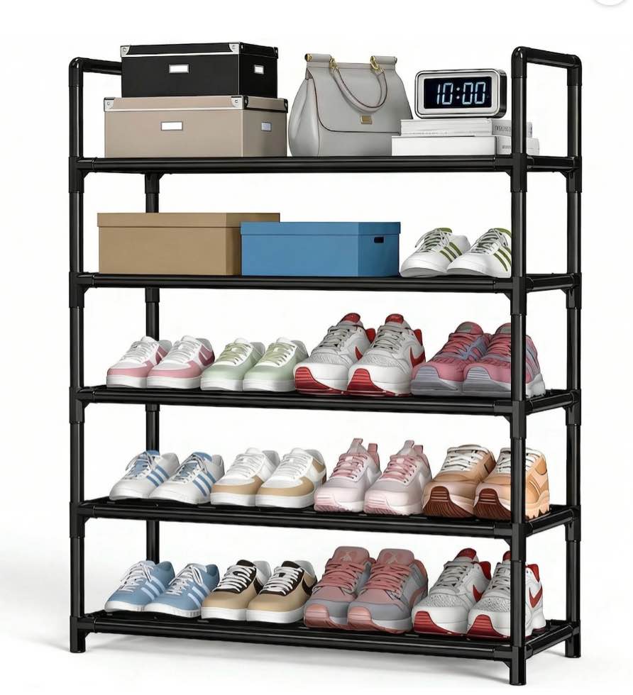 krpimt 5-tier shoe rack, 31.5" stackable shoe organizer storage holds 15-20 pairs, metal shoe shelf for entryway hallway and closet, black