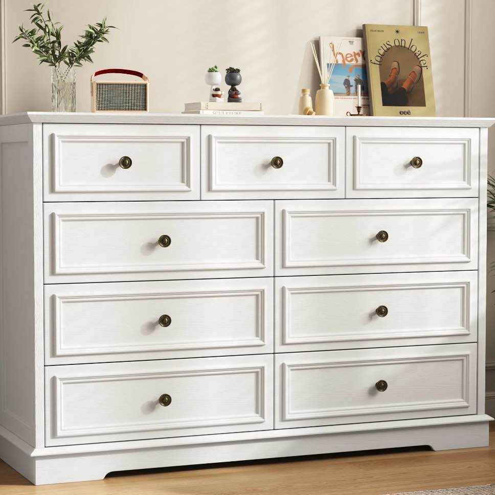 idealsoul white dresser, 9 drawer dresser with round metal handle, 47.2" retro wood storage cabinet with 6 large drawer and 2 small drawer for living room, bedroom, hallway