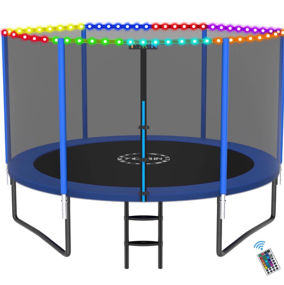 yorin trampoline for 2-3 kids, 8ft trampoline for adults with enclosure net, ladder, light, 800lbs weight capacity outdoor round recreational trampoline, heavy duty trampoline
