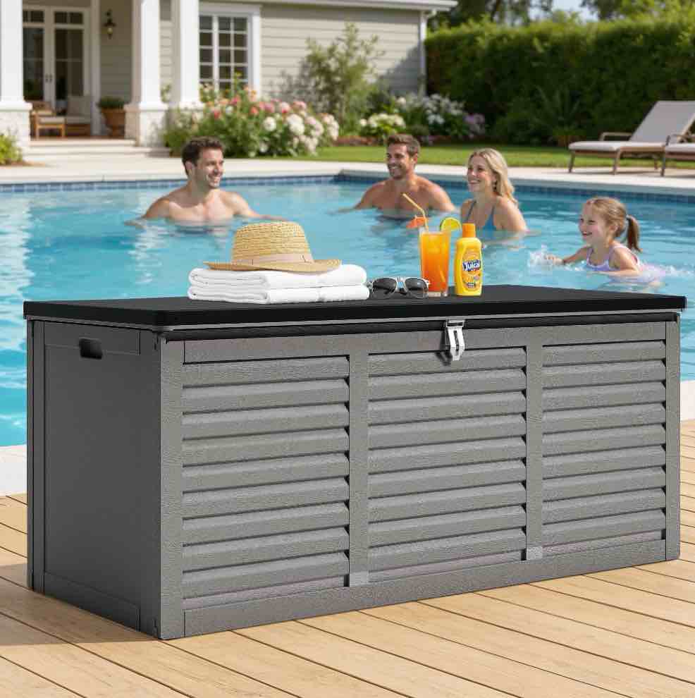 130 gallon resin deck box  outdoor lockable storage container for patio cushions  garden tools  pool supplies  toys  waterproof and uv resistant  reinforced rib design  gray