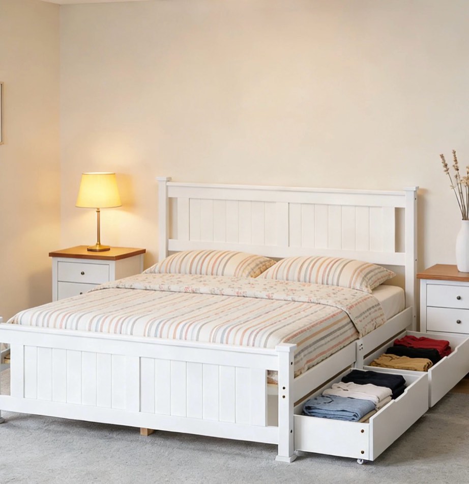 zimtown queen bed frame,solid pine wood platform bed frame with 2 drawers, bedroom bed with headboard, white