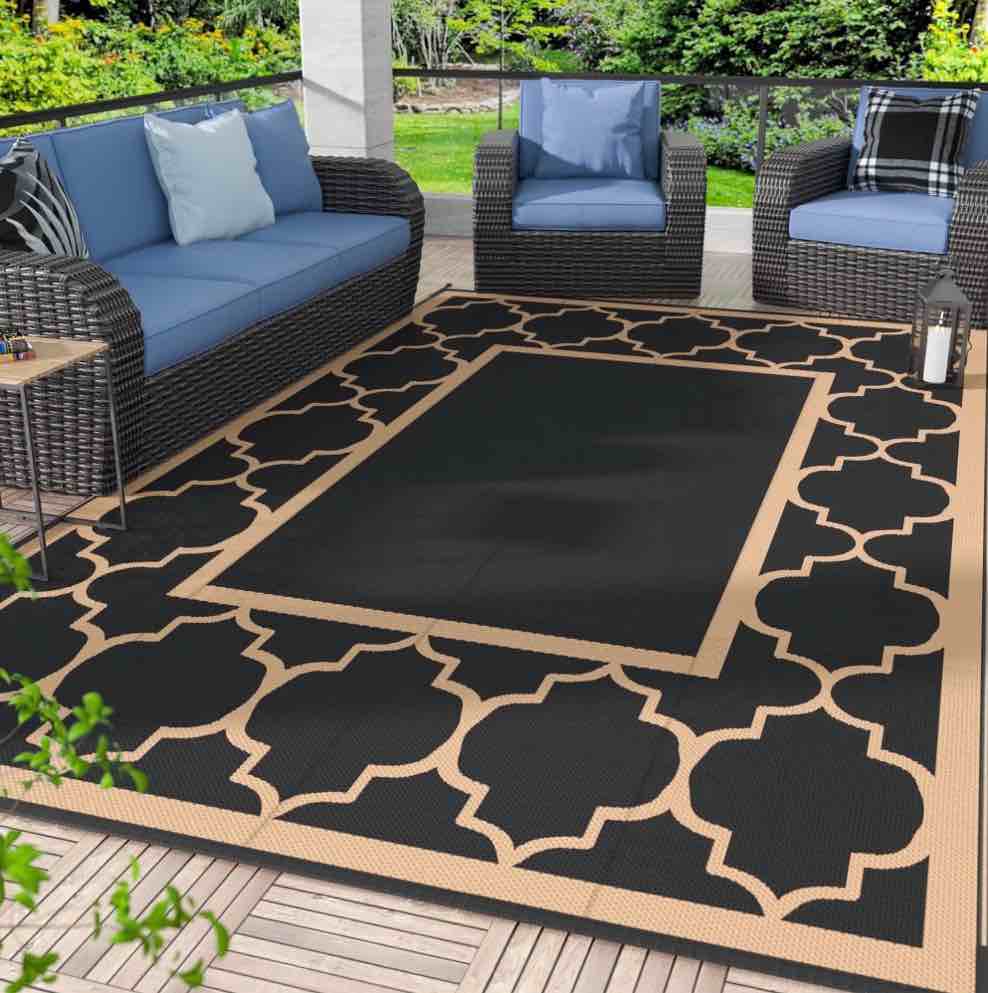 deorab 8'x10' outdoor rugs waterproof reversible plastic straw patio outside carpet camping rv mat,black & brown