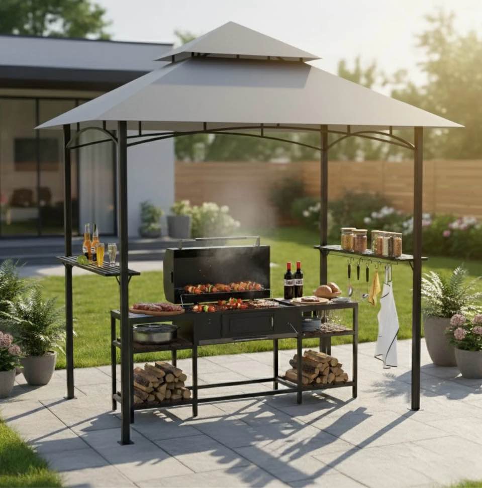 GVDV 8'x 5' Grill Gazebo Canopy, Outdoor BBQ Gazebo Shelter with 2 Side Shelves & Double-Tiered Top