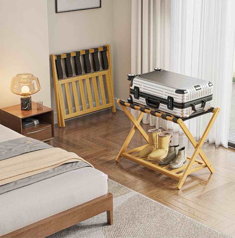 BAMBOOHOMIE 2-Pack Bamboo Luggage Rack with Shelf, Folding Suitcase Luggage Stand for Guest Room or Hotel, Wide Heavy-Duty Luggage Holder, Natural