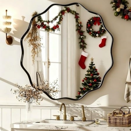 Beautypeak 30" Wavy Round Bathroom Mirror Wall Decor With Deep Frame, Black 30" X 30"