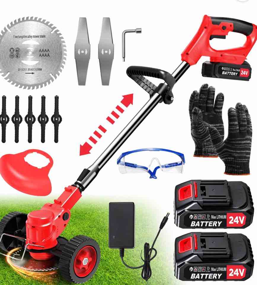 tntants electric weed wacker  cordless string trimmer with wheels  2pcs 24v batteries  3 types of blades  adjustable length  weed eater grass trimmer/edger/brush cutter for lawn yard garden (red)