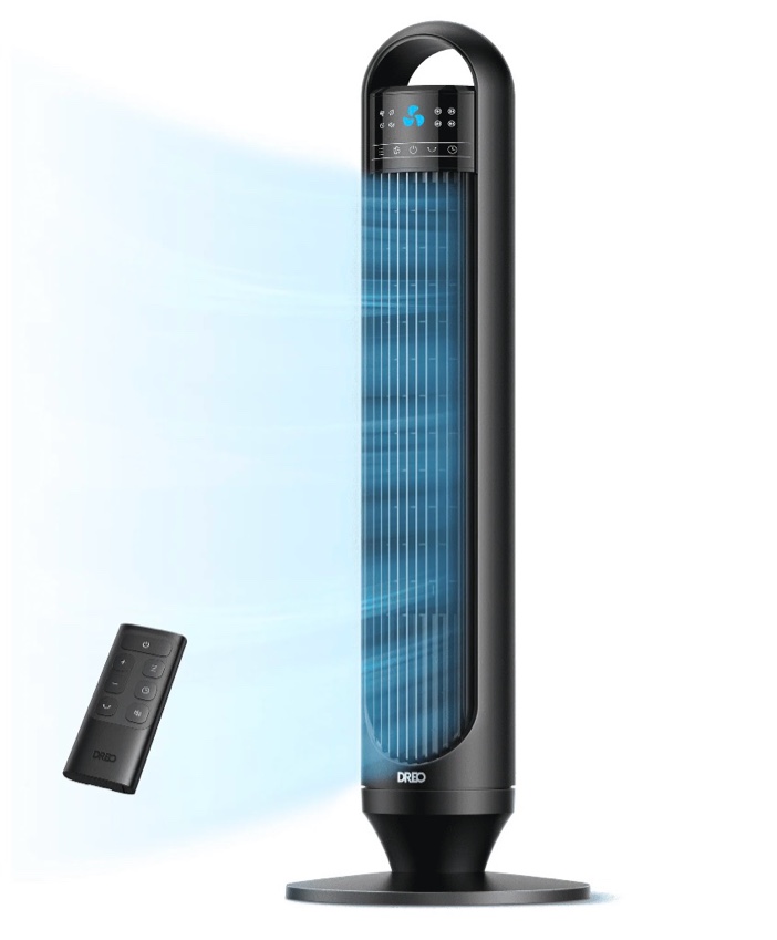 dreo tower fans for home  32  standing floor fan  26 ft/s bladeless fan with remote  90° oscillating  3 modes  3 speeds  led display  8h timer  quiet room fan
