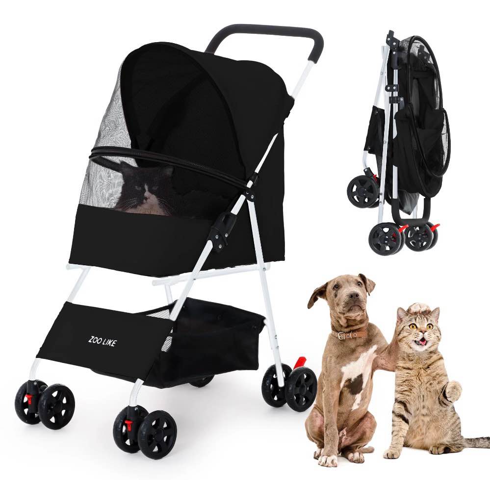 zoolike 4-wheeled pet stroller for cats & dogs, foldable travel carrier with 360-degree swivel, black