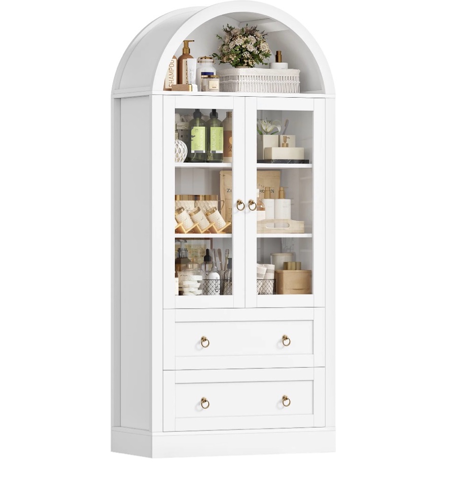 hiphuta 70" tall arched kitchen pantry storage cabinet with glass doors, freestanding modern farmhouse hutch cupboard with 2 large drawers, for kitchen dining room, white