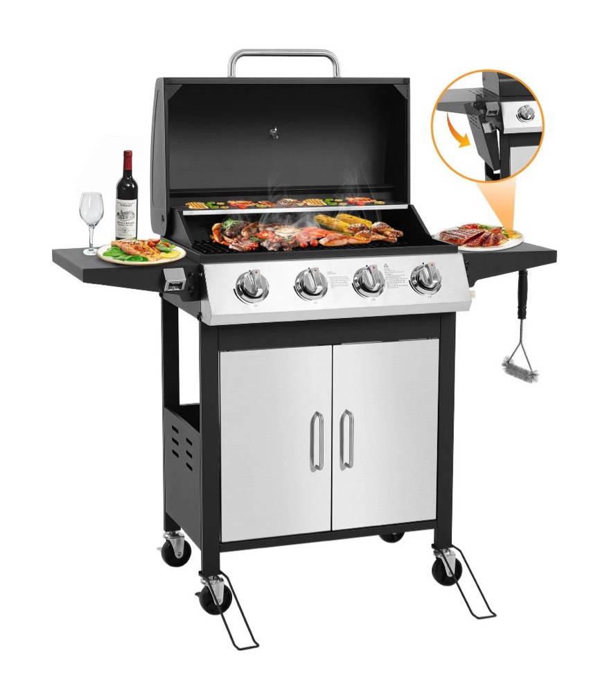SEGMART 4 Burner BBQ Propane Gas Grill  Stainless Steel 40 000 BTU Patio Garden Barbecue Grill with Folding Side Tables  Hanging Basket & Thermometer  Perfect for Camping  Outdoor Cooking