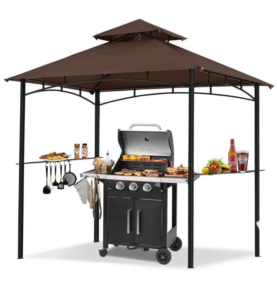 MASTERCANOPY 8 x 5ft Outdoor BBQ Grill Gazebo with LED Lights and Shelves, Brown