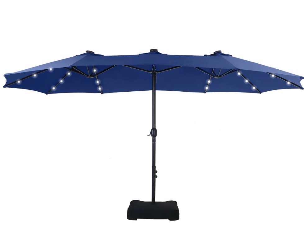 Summit Living 15 FT Double-Sided Solar Patio Umbrella with Base Large Outdoor Umbrella with LED Solar Lights - Haze Blue