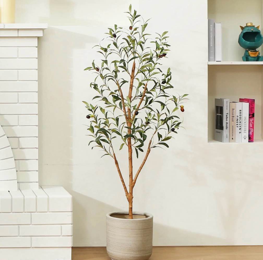 4 ft Artificial Olive Plants with Realistic Leaves and Natural Trunk, Silk Fake Olive Tree in Black Plastic Pot, Faux Olive Tree for Office Home