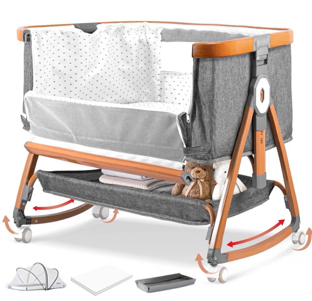 RUPOUN Bassinet Bedside Sleeper, Portable Baby Crib with 6 Adjustable Heights and Breathable Mesh Panels, Foldable, Gray