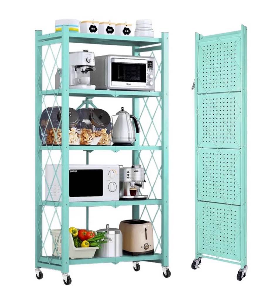 COOKCOK 5-Tier Storage Shelving Unit  Metal Shelf 27.9 x13.4 x62.5  Foldable Storage Shelf with Wheels  Garage Shelf  Metal Storage Rack  Kitchen Shelf with 4 Hooks No Assemble Require Blue