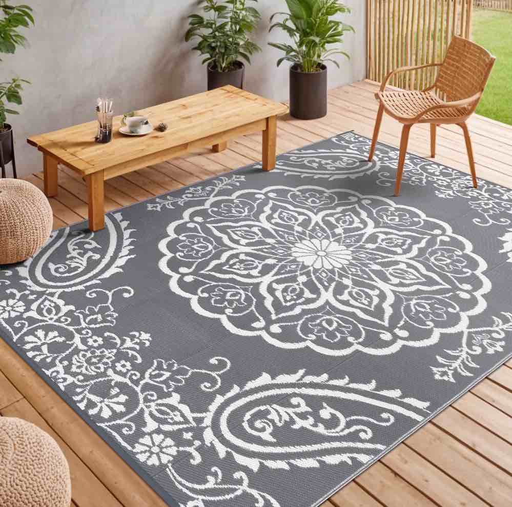 MeyJey Outdoor Rug, 5'x8' Reversible Waterproof Area Rug, Plastic Mat for RV Patio Camping, Gray