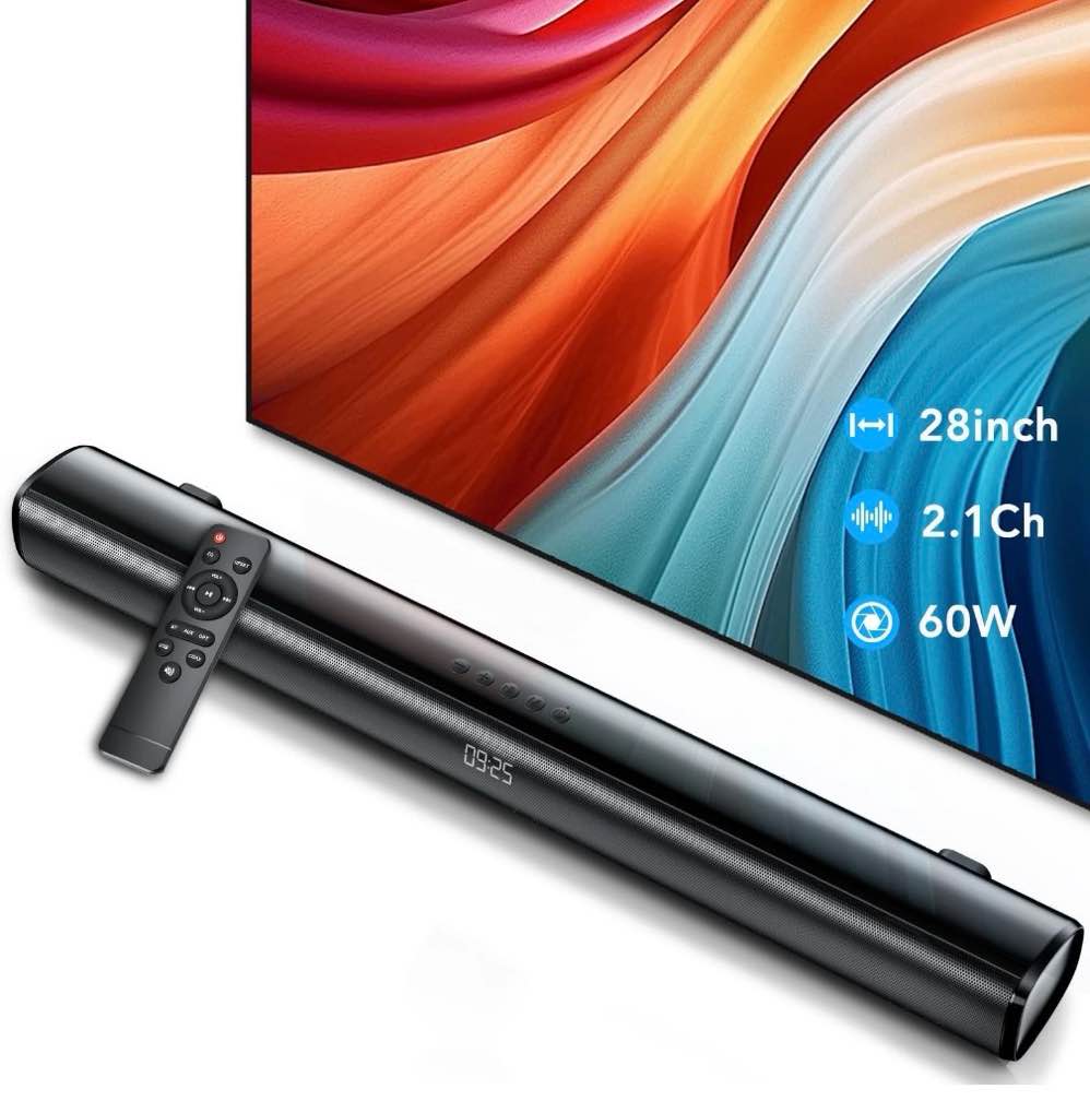 Sound Bar for TV, 60W Soundbar TV Speakers, 2.1 ch Home Theater with Subwoofer Boost, 3 Equalizer Modes, Soundbar for TV/PC/Gaming/Projectors, Bluetooth, OPT, COX, USB & AUX Wall Mountable