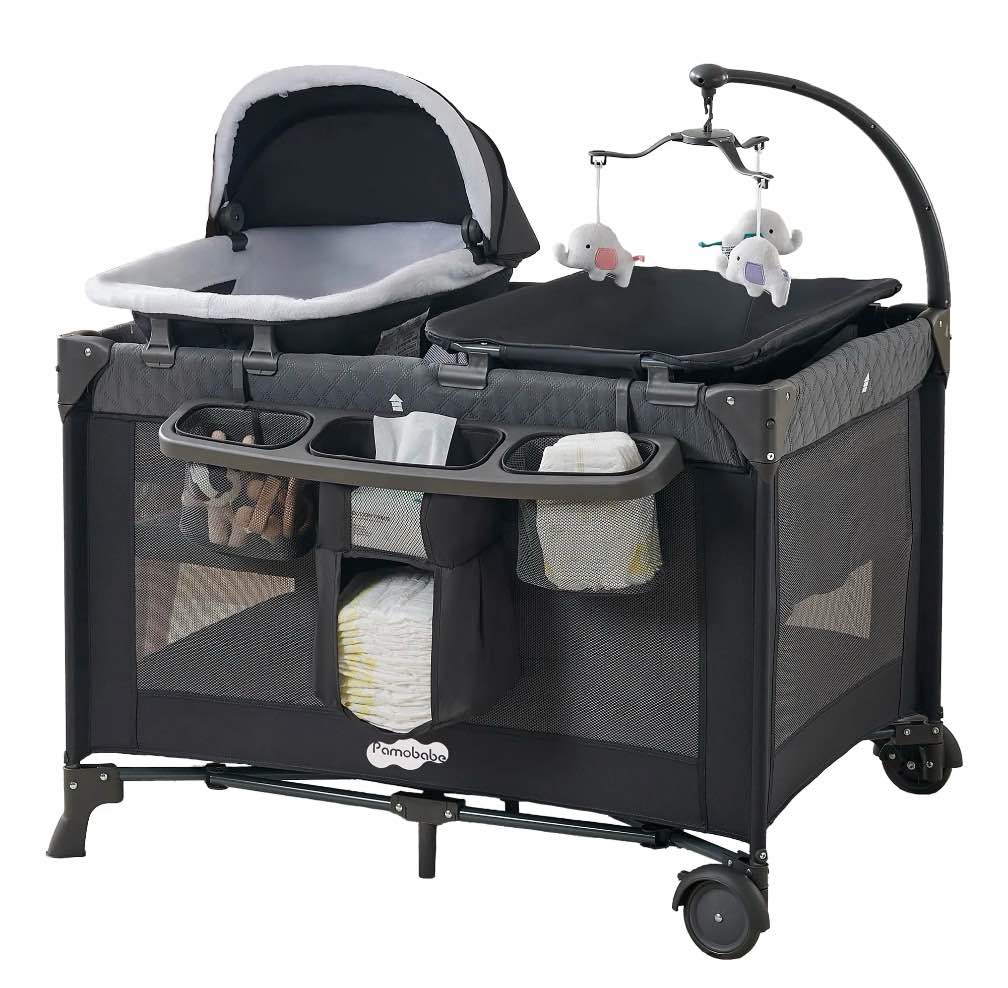 Pamo Babe 4-in-1 Baby Playard with Bassinet & Changing Table for Newborn,Grey