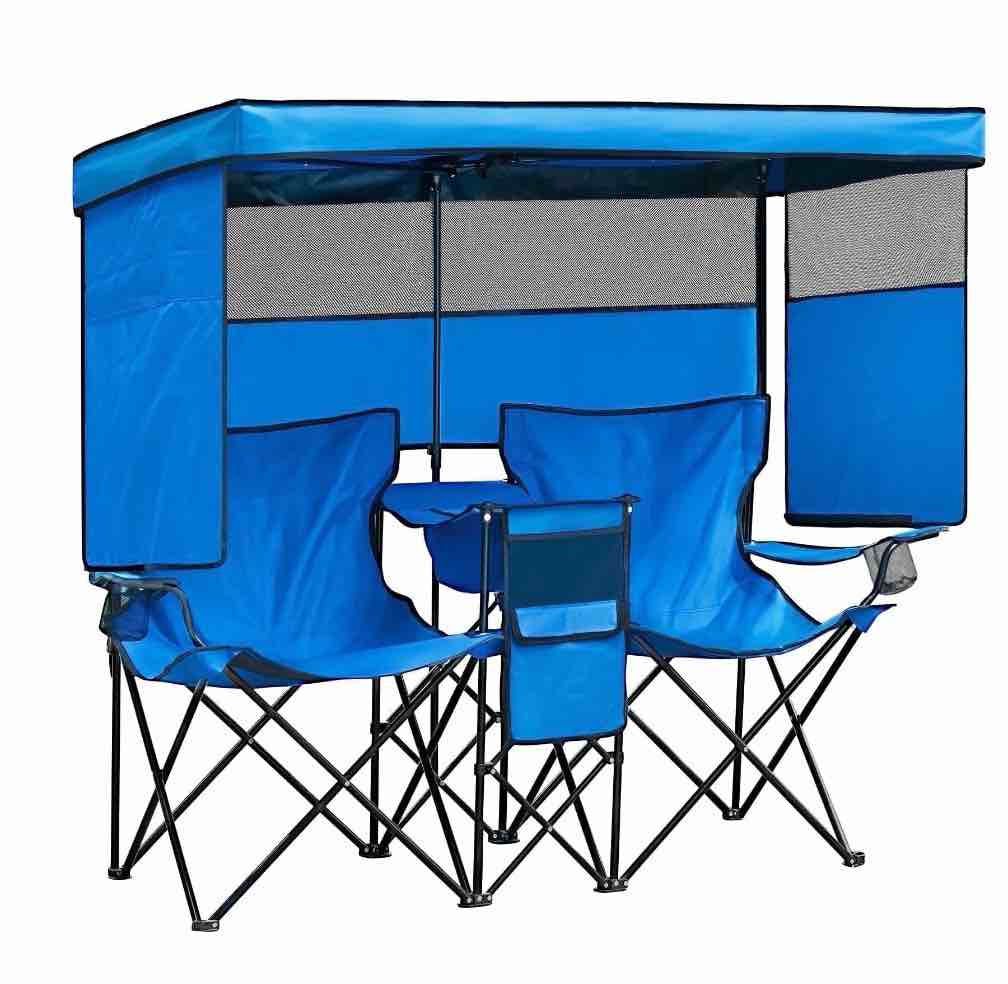 WTVIDAS Double Beach Chair with Canopy Shade Oversized Camping Chairs with Cup Holder Cooler Bag Folding Loveseat Chairs for Camping Beach Lawn