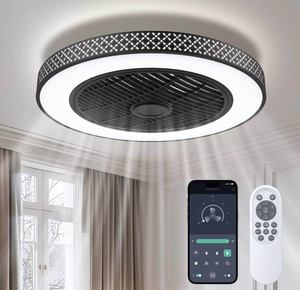 BLITZWILL 20 in Round Ceiling Fans with Lights, Dimmable Color Temperature and 6 Speeds, Remote & APP Control, Flush Mount Bladeless Reversible Motor, Black