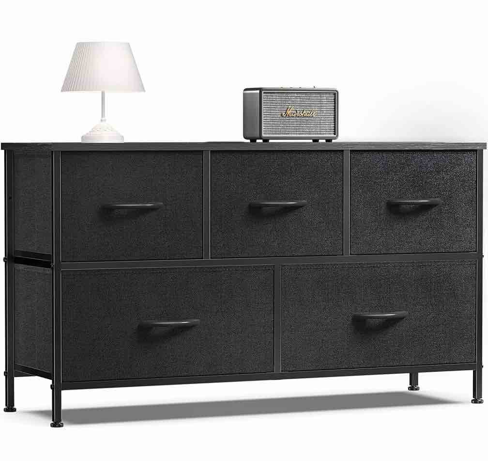 edx 5 Drawer Fabric Dressers for Bedroom, Chest of Drawer Organizer Storage Cabinet for Closet, Entryway, Black