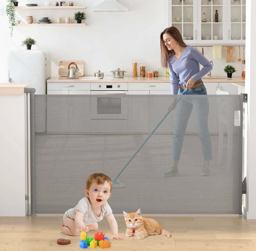 vomeast retractable safety gate,extends up to 71in wide,37.4in tall baby safety gates dog gate for doorways stairs(grey)
