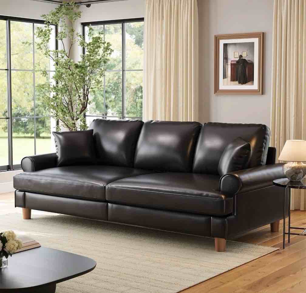 87" couch premium pu leather sofa, comfy extra deep seat 3 seater couch for living room, with 2 pillows, black