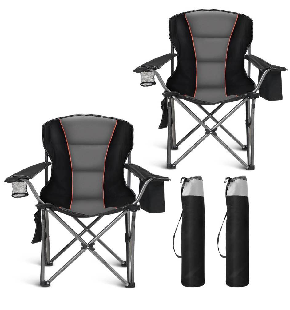 sophia & william 2 pack oversized camping chair heavy-duty steel frame supports 450lbs, foldable outdoor lawn chair with cup holder for backyard & camping, black