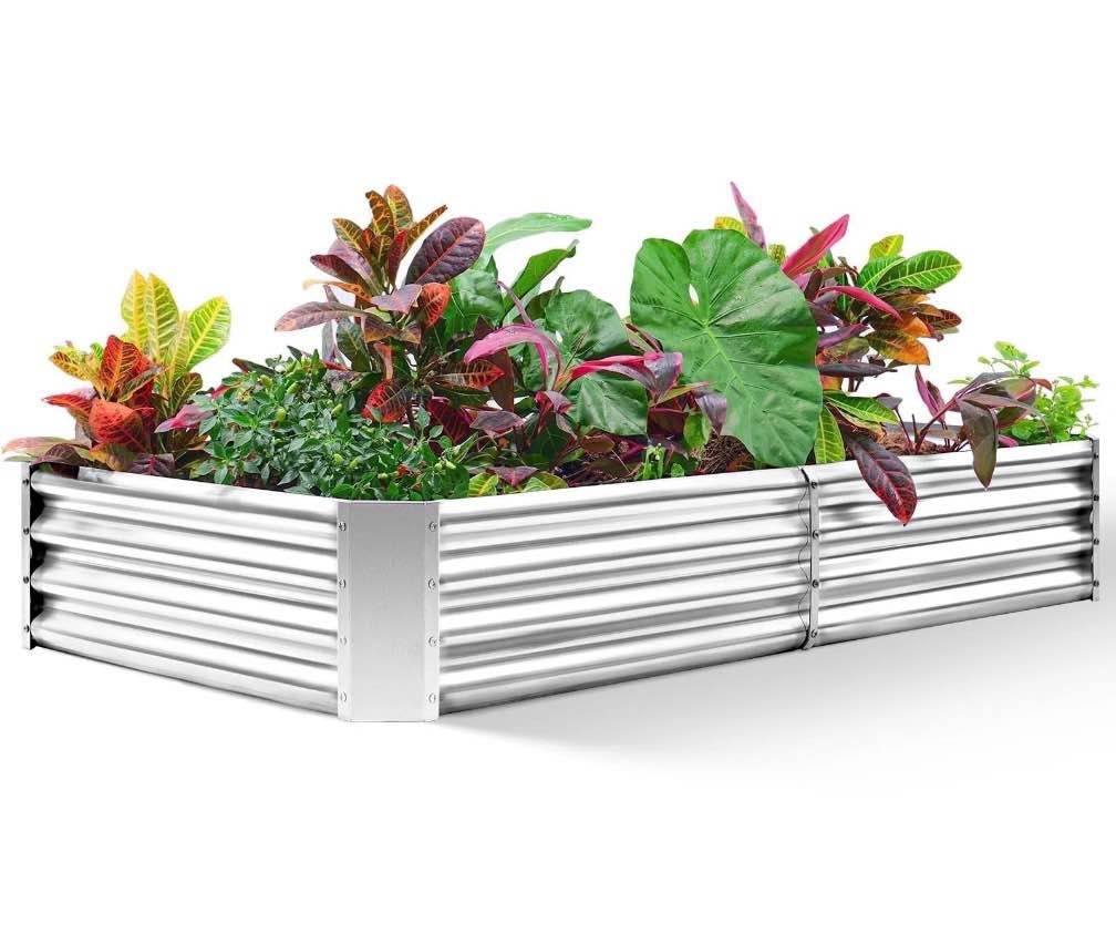land guard 8×4×1ft galvanized steel raised garden bed  metal planter kit for vegetables  flowers  herbs  silver
