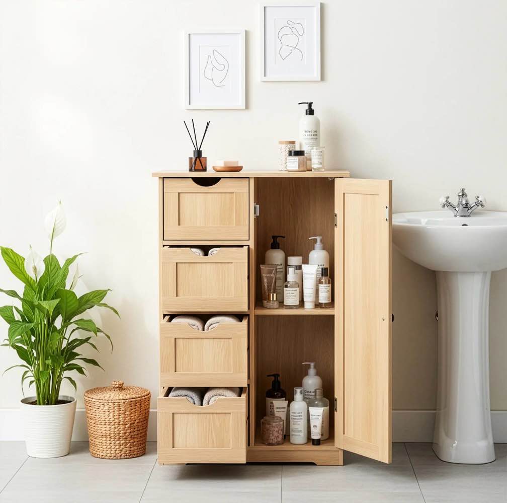 ktaxon wooden bathroom floor cabinet, side storage organizer with 4 drawers, 1 cupboard & 2-shelves, wood