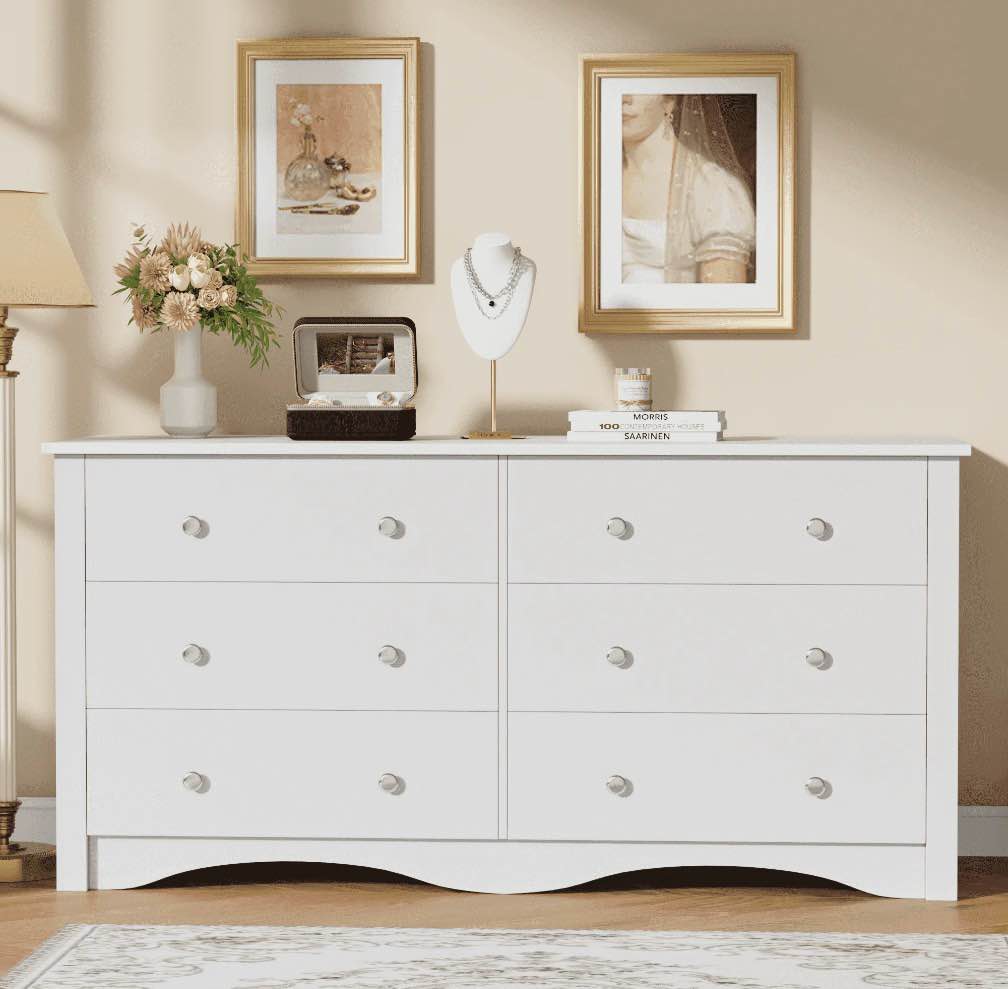 homall 47'' wide 6 drawer wood dresser, chest of drawers double tier storage cabinet for bedroom & living room,white finish