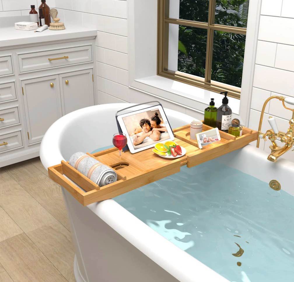 bambloom luxury bathtub tray,bamboo expandable bath tub tray table with brush & soap holder,natural