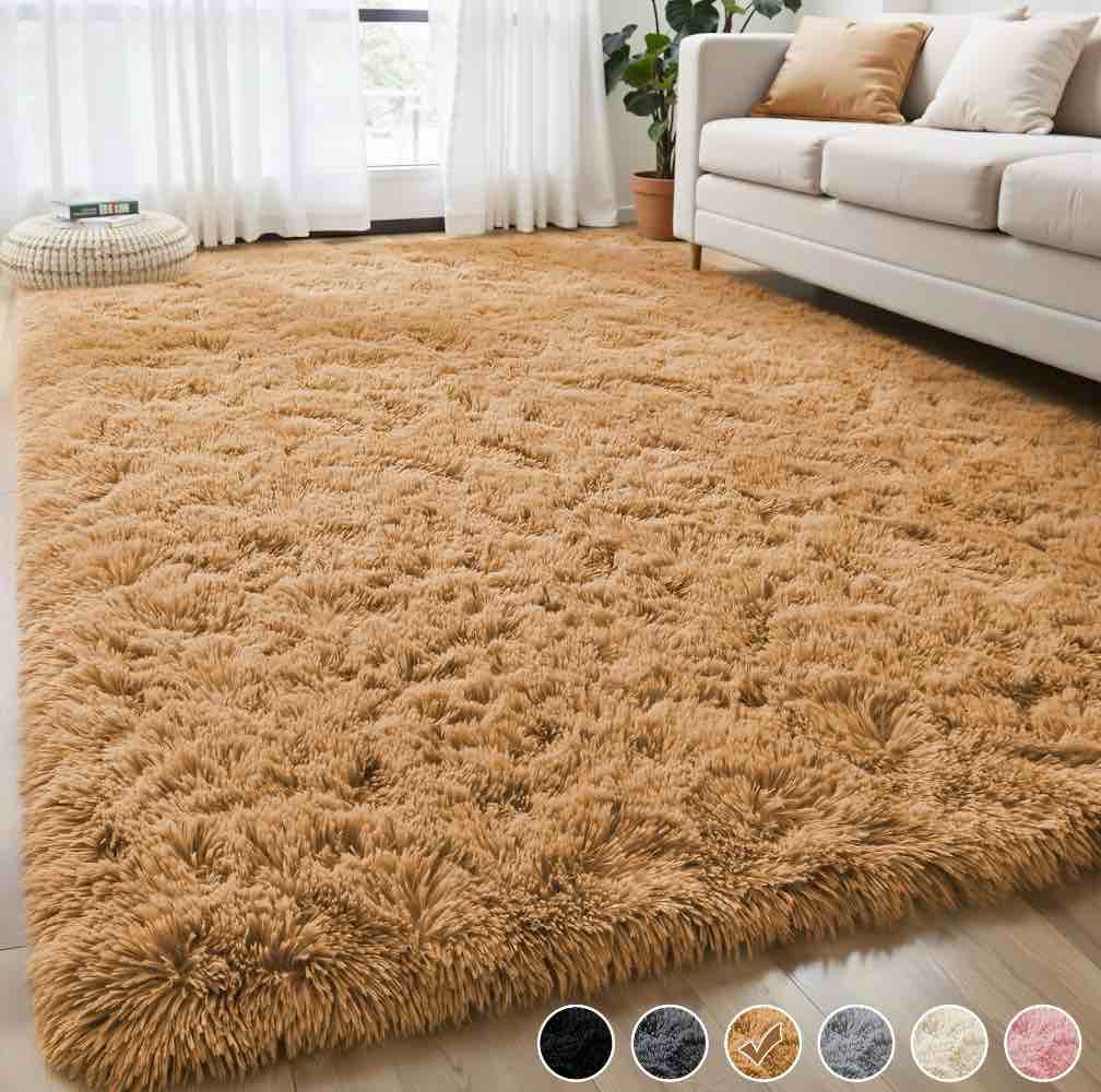 nefoso shag area rug, 8ft x 10ft soft fluffy area rugs for living room bedroom decor carpet, light brown/camel