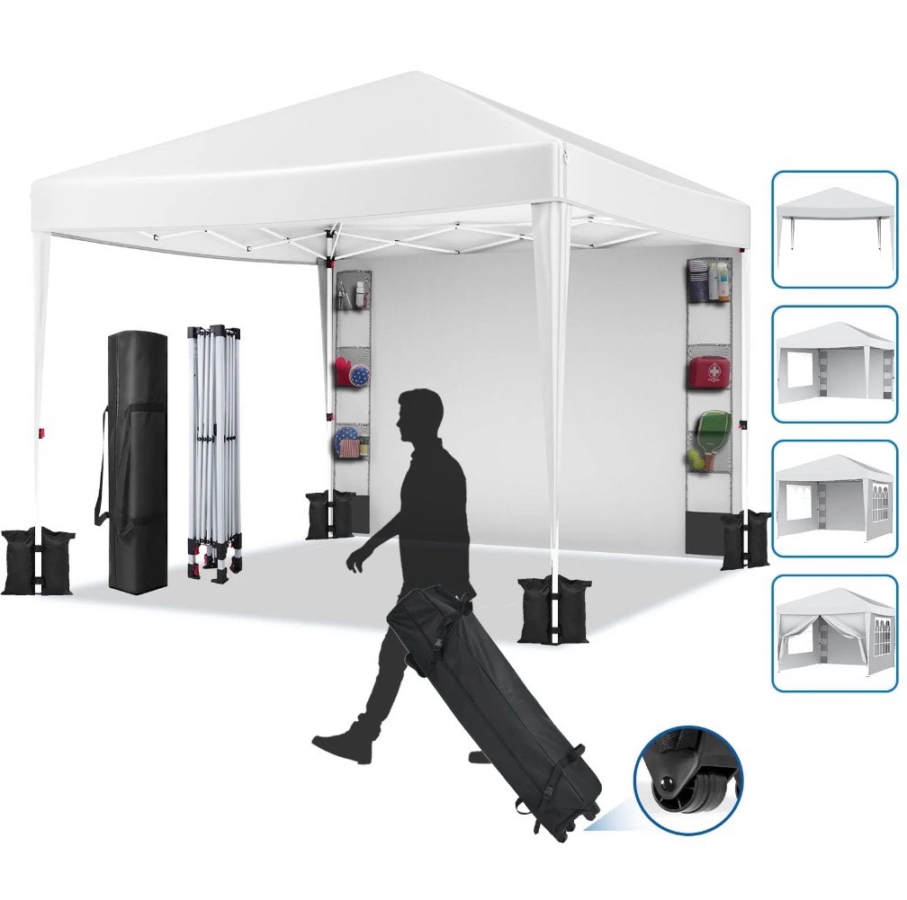 vecukty 10 x 10ft pop up canopy tent with sidewalls, wheeled bag, shelter for outdoor shade, white