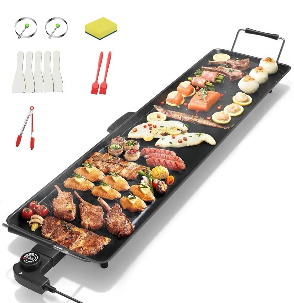 aoran 35" electric griddle teppanyaki grill, nonstick extra large griddle long countertop grill with adjustable temperature & drip tray, easy-to-clean bbq pancake griddle for indoor & outdoor cooking
