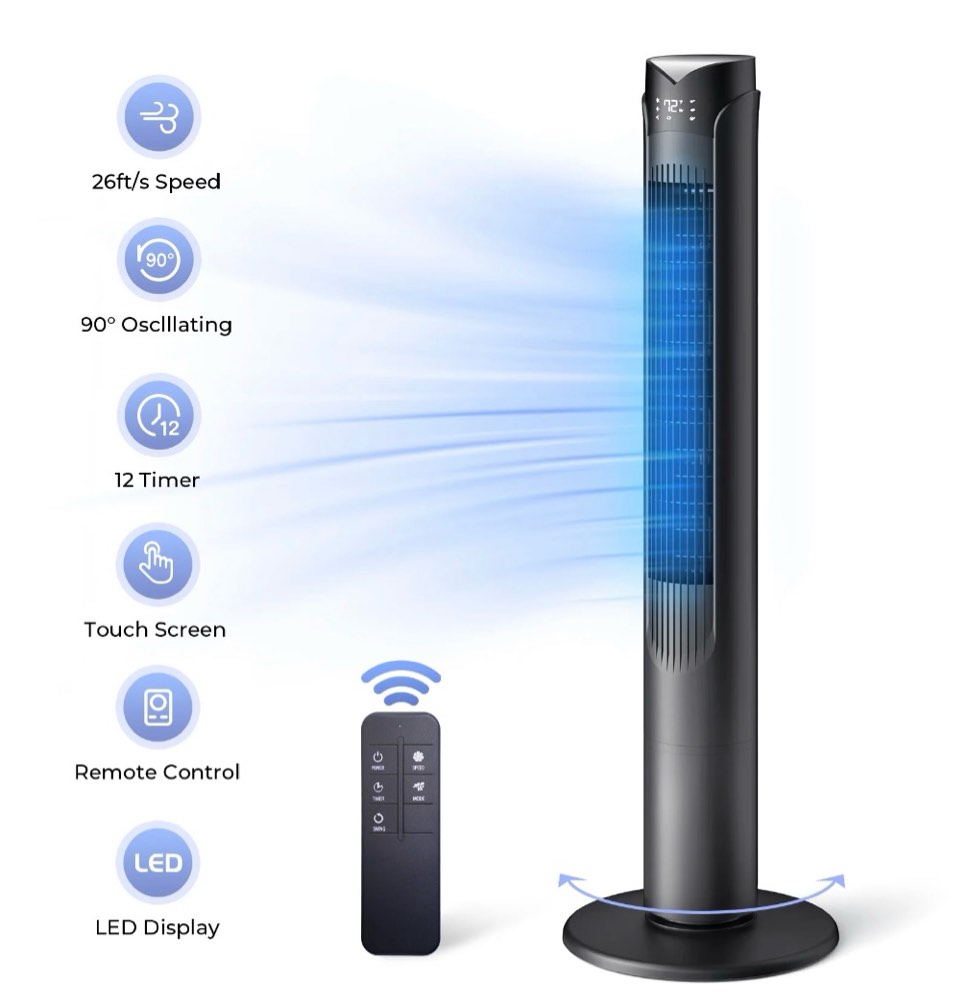 41 tower fan with remote 90° oscillating fans with 3 speeds 3 modes 26 ft/s high velocity led display 12h timer for home living room office