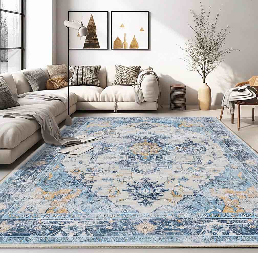 pentantan area rugs for living room  boho 9 x12  washable bedroom rug  non slip indoor carpet  blue