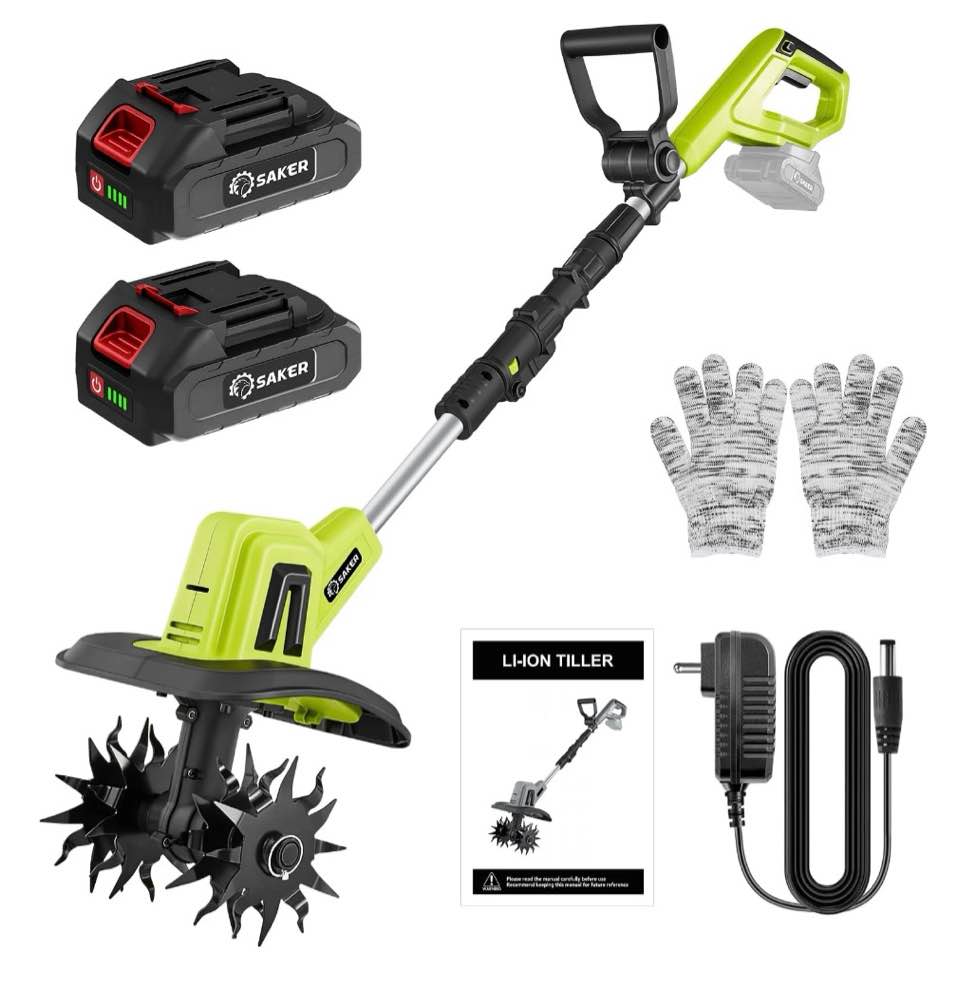 saker 22v cordless tiller cultivator, 360rpm electric garden tiller with total 4000mah battery, 9-inch tilling width, 6.3-inch depth rototiller for gardening, weeding, soil cultivation