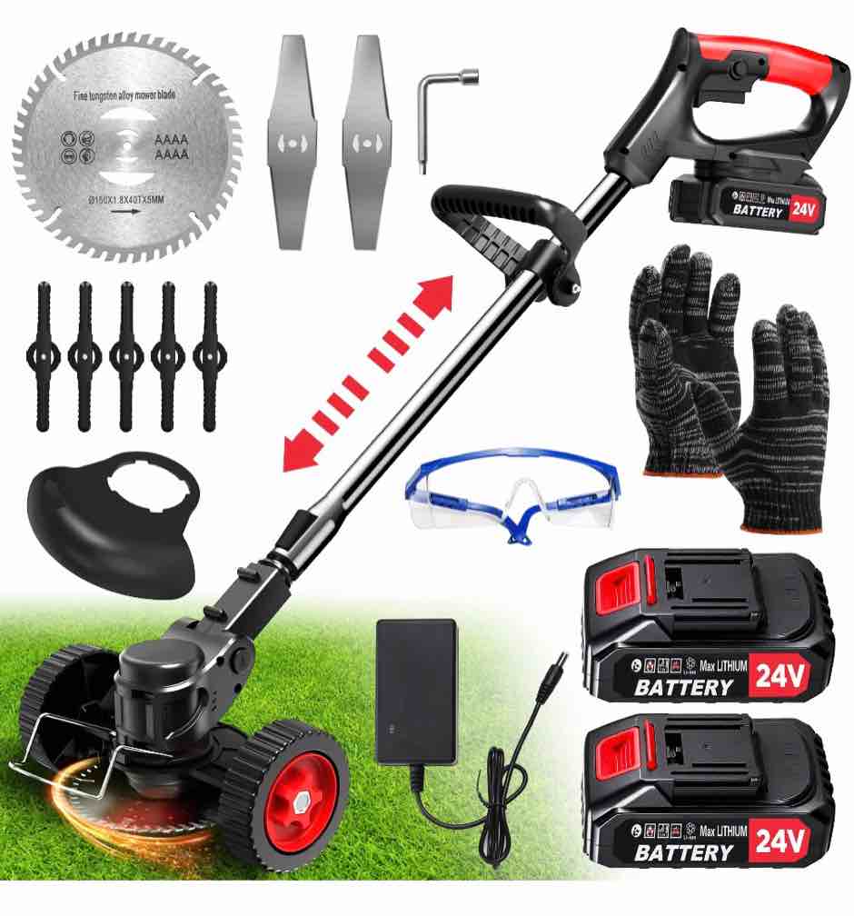 tntants electric weed wacker cordless string trimmer with wheels 2pcs 24v batteries 3 types of blades adjustable length weed eater grass trimmer/edger/brush cutter for lawn yard garden (black)