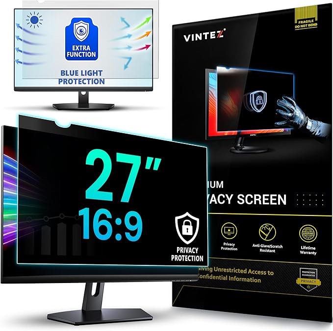 vintez 27 inch 16:9 privacy screen for computer monitor and laptop - anti glare protector film blue light filter eye protection - computer screen privacy shield
