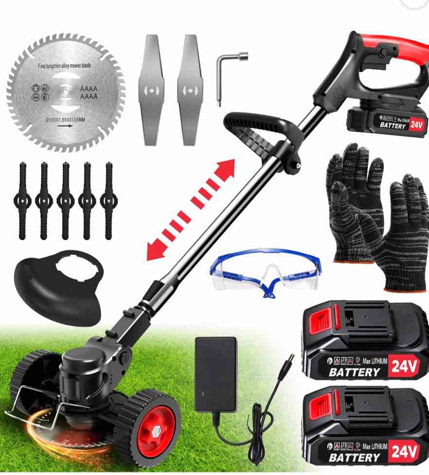 tntants electric weed wacker cordless string trimmer with wheels 2pcs 24v batteries 3 types of blades adjustable length weed eater grass trimmer/edger/brush cutter for lawn yard garden (black)